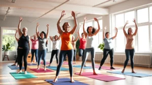 Diverse group of adults exercising together in a bright, modern community wellness studio with yoga mats and natural light streaming through large windows