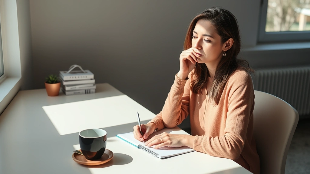 Woman sitting at sunlit desk with notebook and coffee, thoughtful expression, modern minimalist workspace, natural lighting, peaceful concentrated demeanor, lifestyle photography