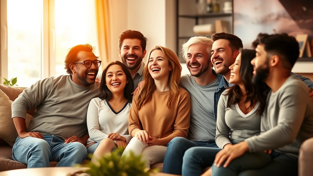 Group of diverse friends laughing together in casual living room setting, warm golden hour lighting, authentic genuine emotions, connection and joy, comfortable casual clothing