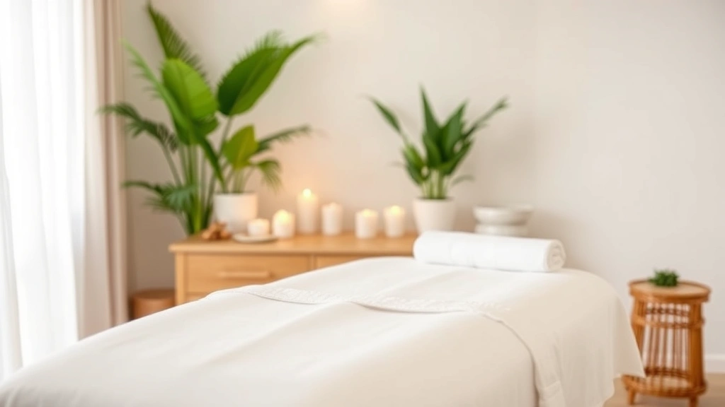 Peaceful spa room with soft lighting, massage table draped in white linens, candles burning, plants in background, serene wellness environment promoting relaxation and healing