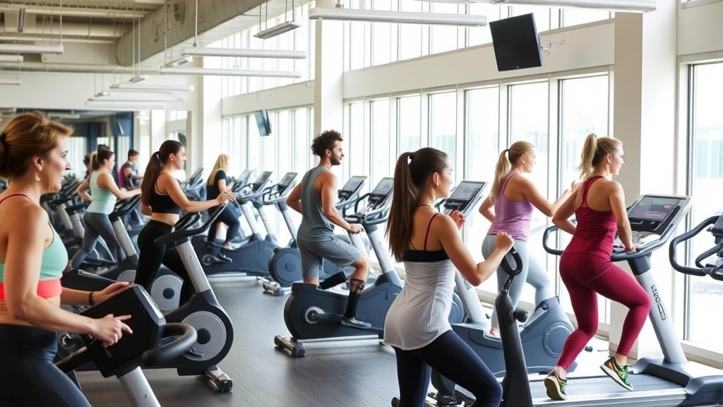Modern gym facility with diverse people exercising, using cardio equipment and weights, bright natural light through windows, energetic wellness atmosphere with motivational ambiance