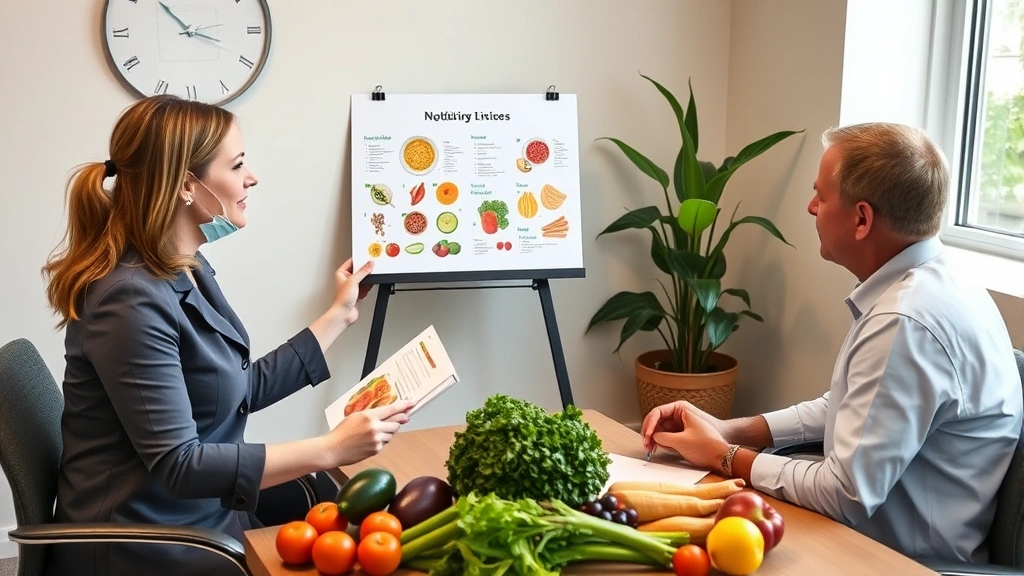 Nutritionist consultation room, professional counselor showing colorful meal plan to client, fresh vegetables and fruits on desk, warm lighting, health-focused appointment setting