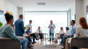 Diverse group of patients and healthcare professionals in a modern, bright medical office lobby with comfortable seating and welcoming atmosphere, natural lighting streaming through large windows, clean contemporary design
