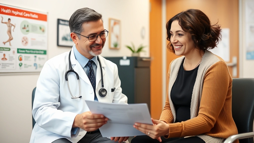 Female patient in consultation with male doctor reviewing medical chart during preventive care visit, both smiling, modern clinical setting with health education posters on walls, warm professional environment