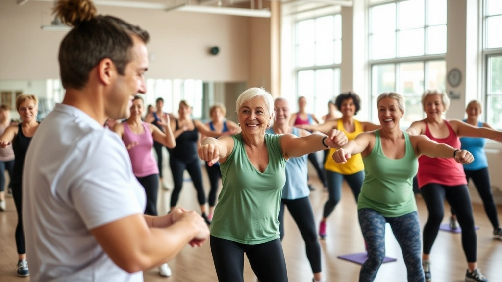 Diverse fitness class with people of various ages and abilities participating in wellness program led by certified trainer, bright gymnasium with equipment, inclusive community health setting, everyone engaged and smiling