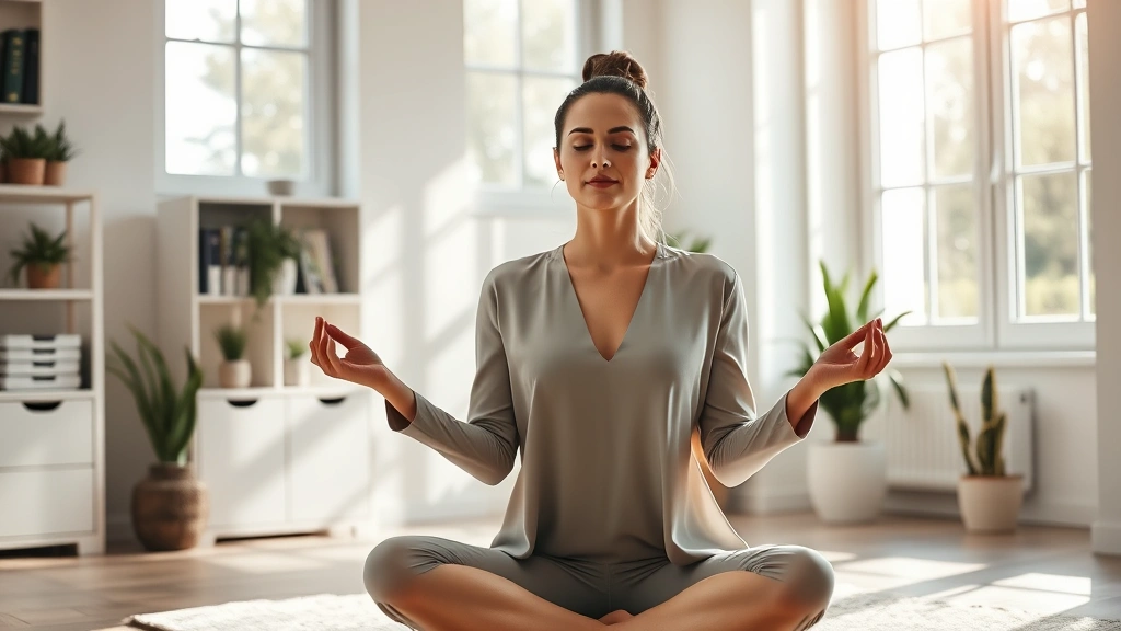 Professional woman meditating in bright home office with natural sunlight streaming through windows, serene expression, wellness lifestyle aesthetic