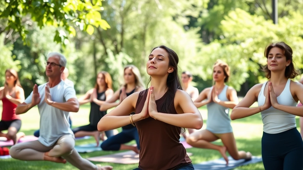 Diverse group of people doing yoga in sunny park, peaceful expressions, natural greenery background, healthy lifestyle community scene