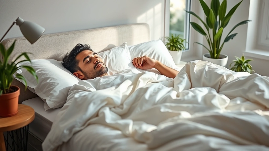 Man sleeping peacefully in comfortable bed with white linens, calm bedroom environment with plants, morning light, wellbeing and rest focus