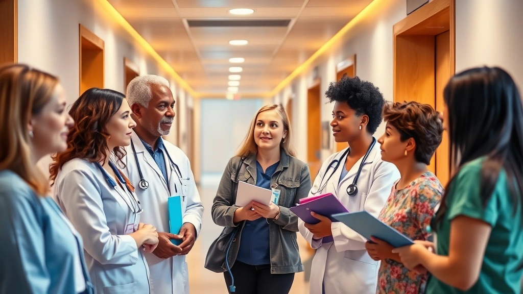 Diverse patients and medical professionals collaborating in modern hospital corridor with warm lighting and contemporary design elements, conveying trust and professionalism