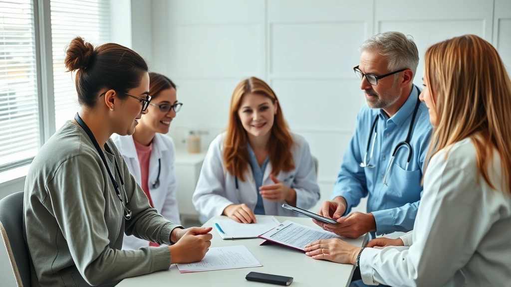 Patients and healthcare providers in wellness consultation session with medical charts and technology, demonstrating collaborative personalized treatment planning approach
