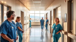 Modern medical facility corridor with natural lighting, friendly healthcare professionals in scrubs, Moses Lake landscape visible through windows, warm welcoming atmosphere