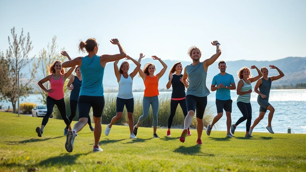 Diverse group of people exercising outdoors in Moses Lake park setting, morning sunshine, water views, fitness activities, natural landscape, healthy lifestyle energy