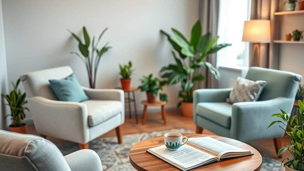 Peaceful counseling office interior with comfortable seating, calming colors, plants, soft lighting, open notebook and tea cup on table, wellness-focused environment