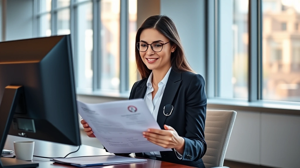Professional woman in business attire reviewing healthcare documents at modern office desk with computer monitor, warm natural lighting through windows, confident expression