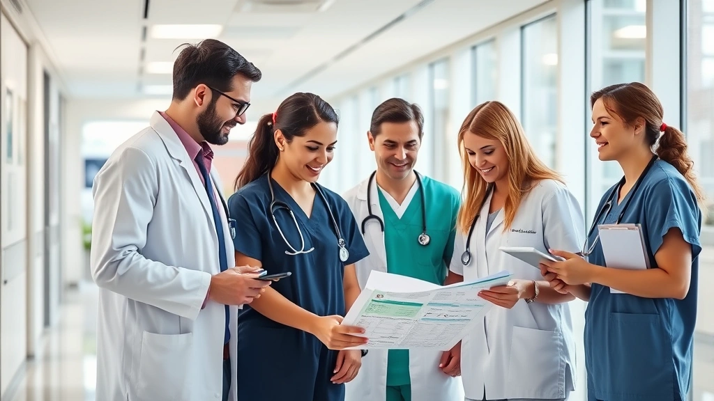 Diverse healthcare professionals in clinical setting collaborating around patient chart, modern hospital interior with natural light, teamwork and expertise evident