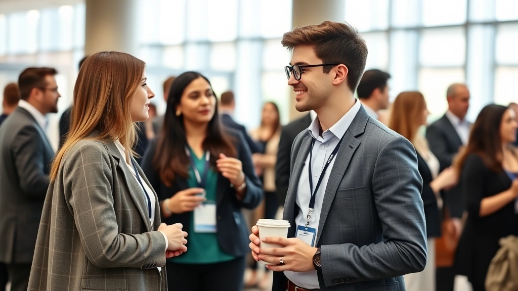 Young professional in casual business wear networking at healthcare conference, holding coffee cup, engaged conversation with industry colleagues, modern venue