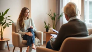 Woman in therapy session sitting comfortably in modern counseling office with warm lighting and soft furnishings, therapist taking notes in background, peaceful professional environment