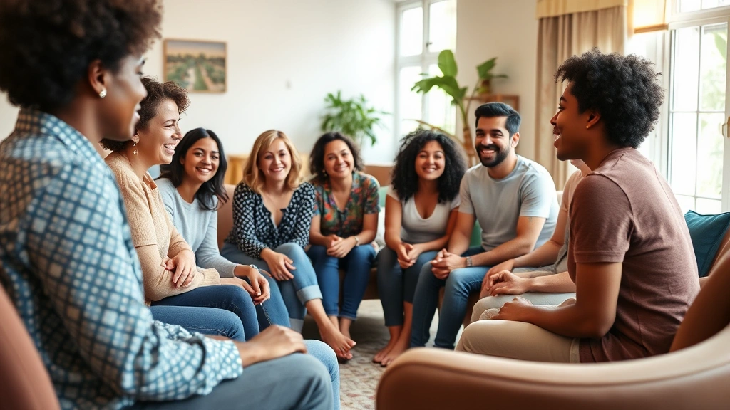 Group of diverse people in supportive circle at mental health support group meeting, smiling and engaged, community center setting with comfortable seating, warm natural light