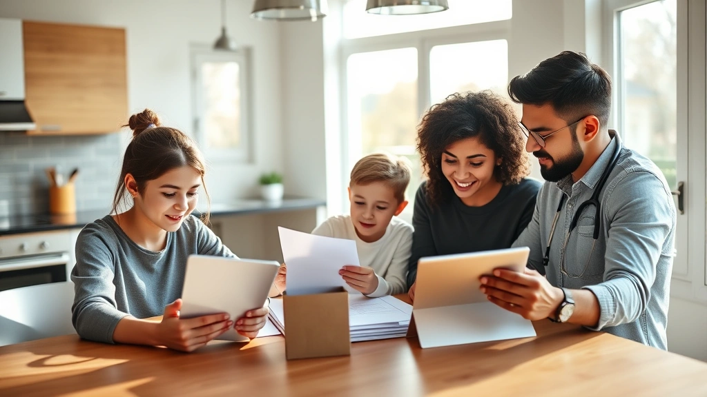 Young diverse family reviewing healthcare documents together at modern kitchen table, morning sunlight streaming through windows, tablets and paperwork visible, relaxed but focused expressions, contemporary home setting
