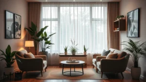 Serene therapy office with comfortable seating, soft lighting, plants, warm earth tones creating safe welcoming environment for mental health consultations