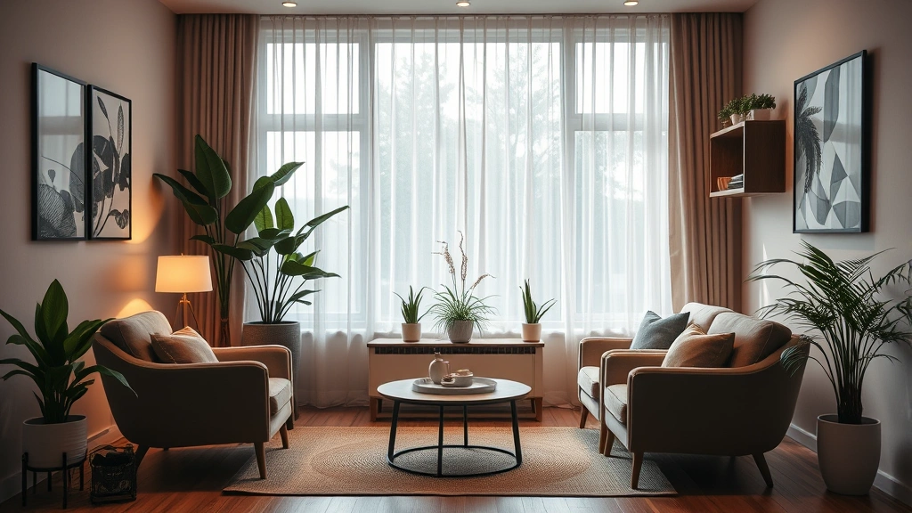 Serene therapy office with comfortable seating, soft lighting, plants, warm earth tones creating safe welcoming environment for mental health consultations