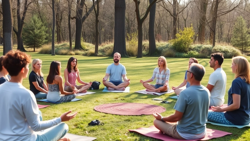 Diverse group of people in outdoor wellness circle during mindfulness meditation session, peaceful natural setting with trees and grass