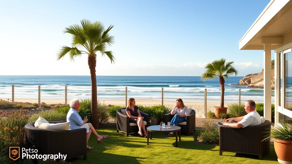 Serene beachside therapeutic garden with comfortable seating areas, patients in relaxed conversation, natural coastal landscape, warm sunlight, peaceful atmosphere, lifestyle photography