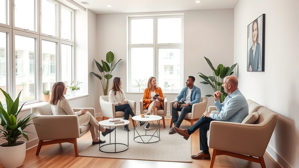 Modern therapy room with comfortable seating, natural light from windows, calming neutral colors, plants, welcoming environment, professional clinical setting, people engaged in meaningful conversation