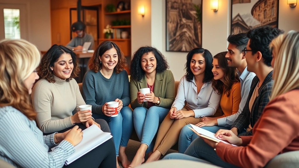 Support group circle with diverse adults in comfortable setting, compassionate interaction, coffee cups, notebooks, hopeful expressions, community connection, warm indoor lighting, authentic moment