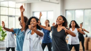 Professional diverse healthcare team members in modern wellness center engaging in group fitness class with natural light streaming through large windows, energetic and positive atmosphere