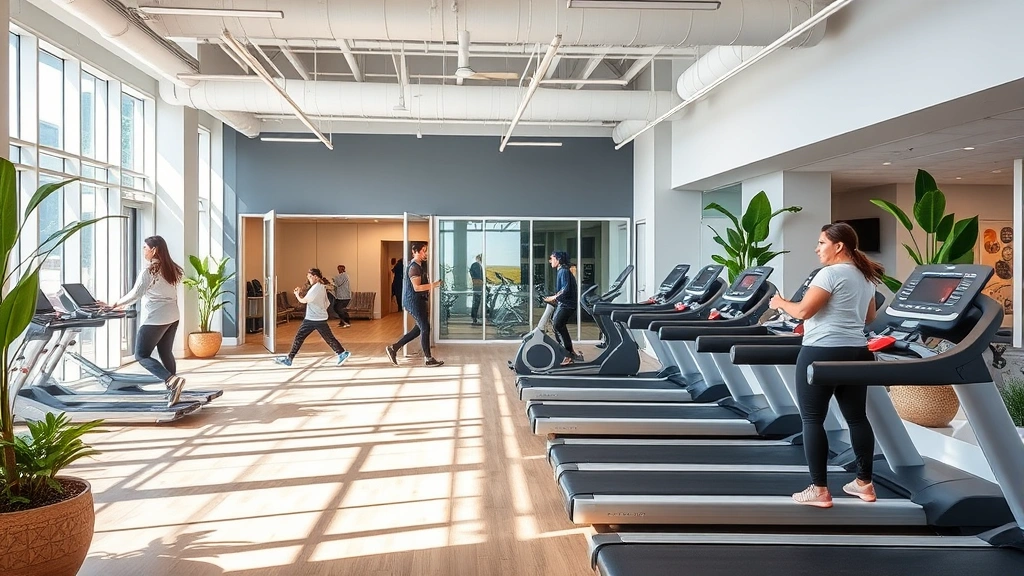 Novant Health facility interior with wellness center showing modern gym equipment, employees using treadmills and weights, natural modern design with plants and calming colors throughout space