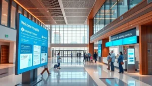 Modern hospital lobby with contemporary architecture, warm lighting, digital wayfinding displays, welcoming reception area with diverse patients and staff, clean glass and wood elements, professional healthcare environment
