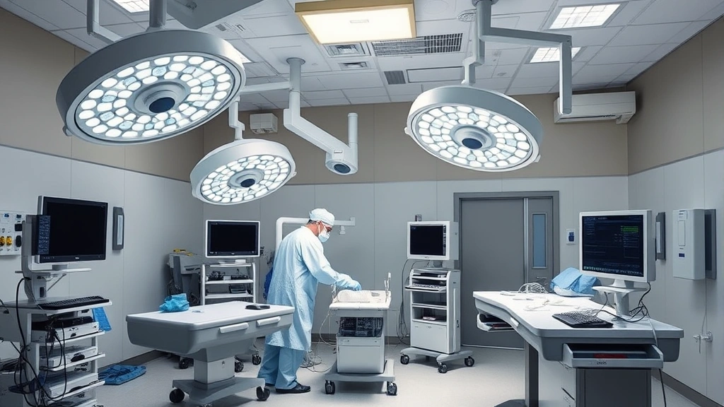 State-of-the-art surgical suite with advanced medical technology, surgical lights, monitors, sterile environment, medical professionals in surgical attire preparing equipment, focused clinical atmosphere, modern medical infrastructure