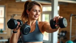 Mature woman in athletic wear doing strength training with dumbbells in bright home gym, confident expression, natural lighting, fit physique, motivational energy