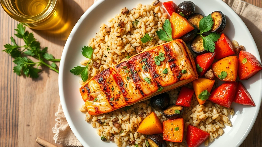 Overhead shot of colorful Mediterranean meal with grilled salmon, quinoa, roasted vegetables, olive oil, fresh herbs on elegant white plate, vibrant natural lighting