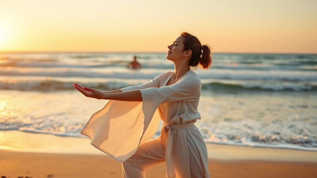 Woman practicing yoga on beach at sunrise, flowing white linen clothing, serene expression, ocean waves background, golden hour light, peaceful wellness moment