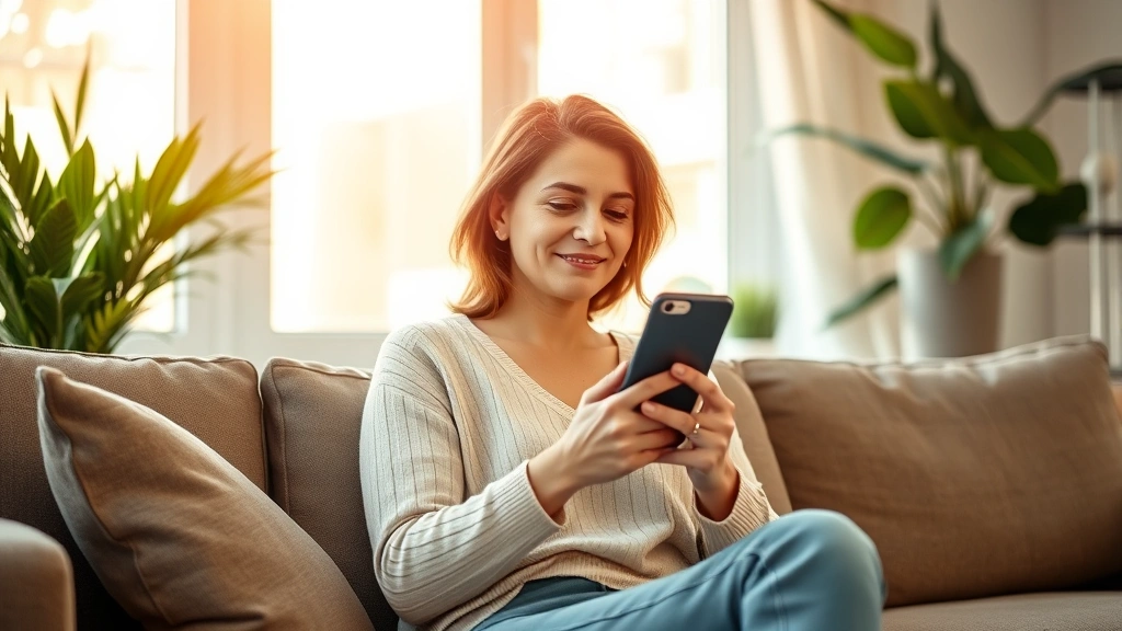 Woman sitting peacefully at home holding phone, warm lighting from window, comfortable couch setting, calm facial expression, modern apartment interior with plants, natural daylight streaming through windows, relaxed posture suggesting relief and support