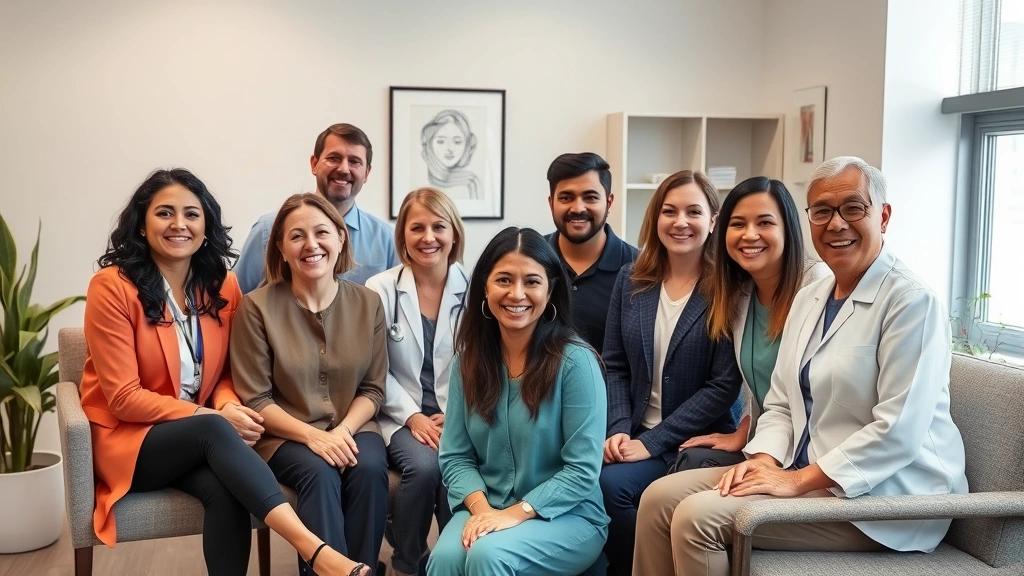 Diverse group of mental health professionals in clinical setting, smiling warmly at camera, modern medical office with comfortable seating, diverse team showing compassion and approachability, professional yet welcoming atmosphere, natural lighting highlighting genuine connection and care