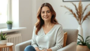 Serene woman in comfortable therapy office setting, sitting in armchair near window with natural light, peaceful expression, modern minimalist decor, warm colors, authentic therapeutic environment