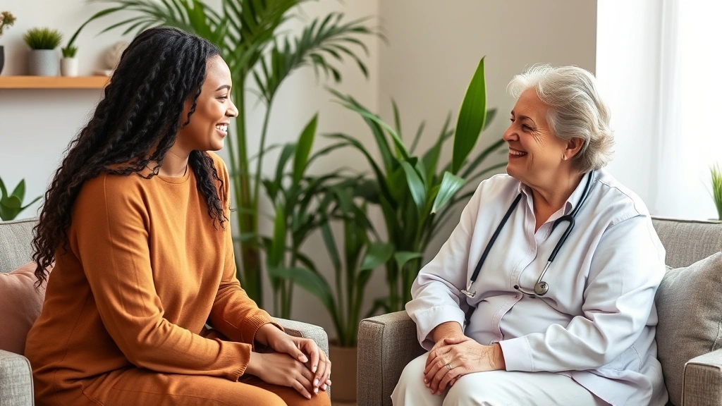 Diverse therapist and client in compassionate conversation, professional warmth, comfortable seating arrangement, plants and soft lighting, genuine human connection moment, inclusive healthcare space