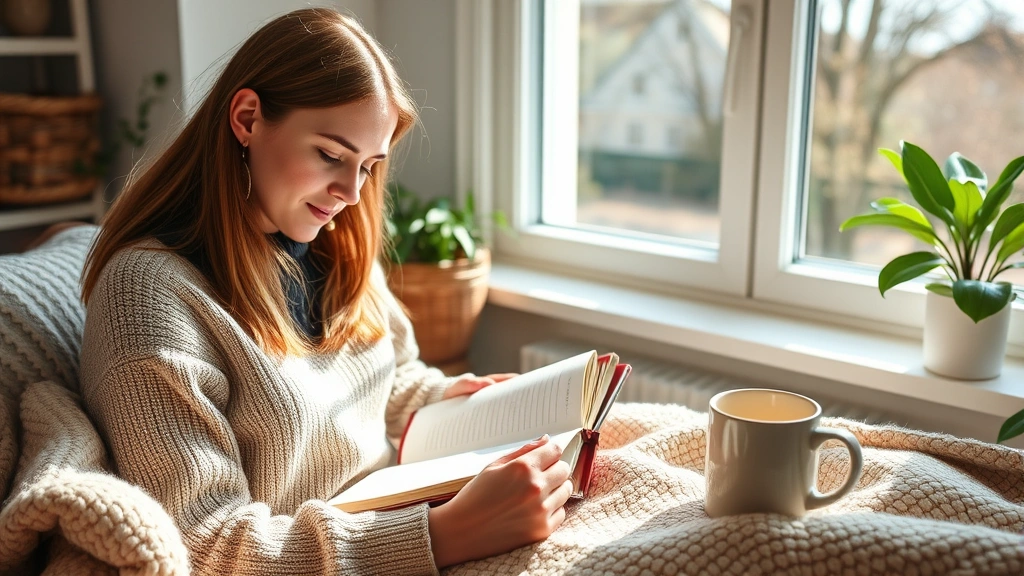 Person journaling in peaceful home environment, natural light through window, warm beverage nearby, cozy blanket, mindful reflection, self-care and wellness, introspective moment