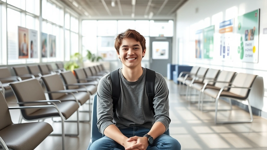 Young college student sitting in modern campus health center waiting room, bright natural lighting, comfortable seating, diverse healthcare posters on walls, peaceful wellness environment
