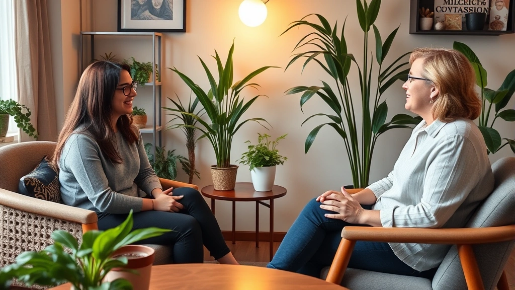 Student meeting with compassionate therapist in comfortable counseling office, warm lighting, plants, trust-building conversation, professional mental health care setting, diverse representation