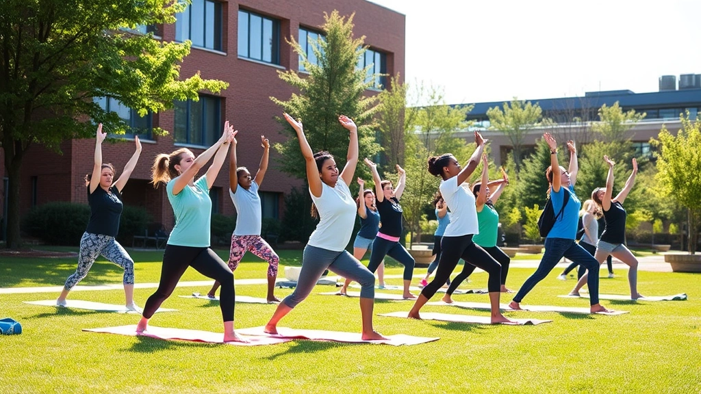 Group of students participating in outdoor wellness program on campus, stretching, yoga poses, green grass, sunny day, health education in action, inclusive community wellness activity