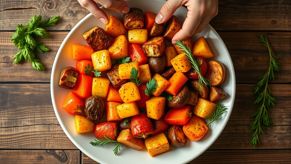 Warm overhead shot of colorful roasted vegetables on white ceramic plate with fresh herbs, natural kitchen lighting, rustic wooden table background, hands gently arranging food