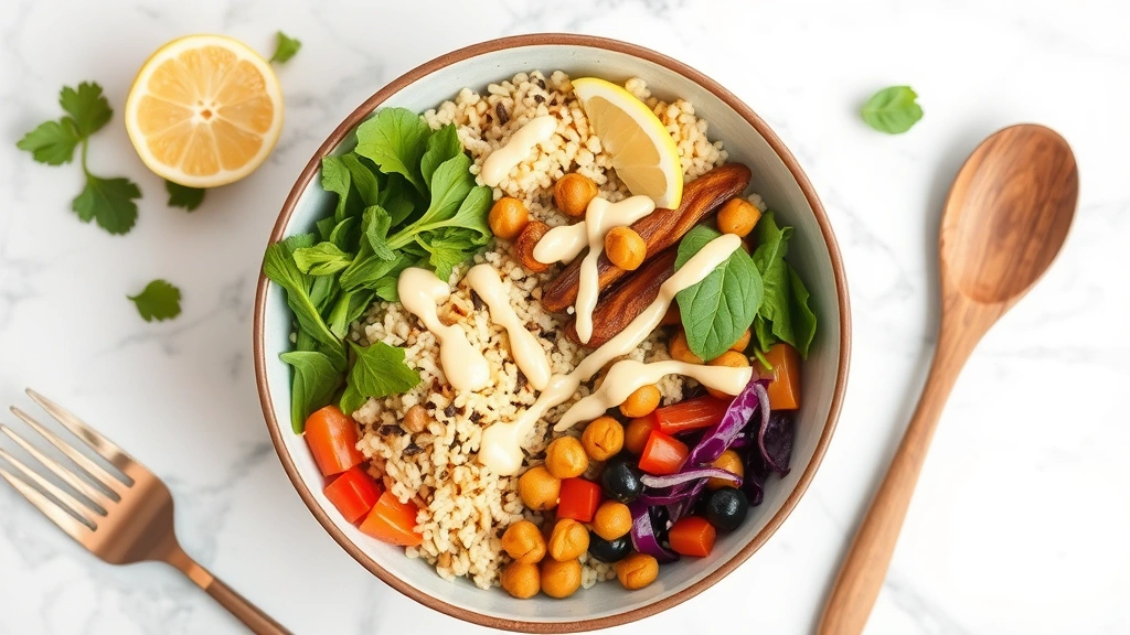 Beautiful Buddha bowl composition with quinoa, roasted chickpeas, raw greens, colorful vegetables and tahini drizzle, styled on marble surface with fresh lemon wedge and wooden spoon nearby
