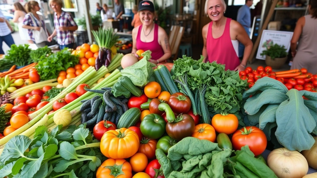 Overhead shot of vibrant farmers market produce display with fresh organic vegetables, colorful heirloom tomatoes, leafy greens, and local farmers smiling in background at a mountain town market