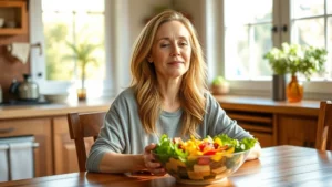 Woman sitting peacefully at wooden table with colorful bowl of fresh salad, sunlight streaming through window, serene facial expression, natural kitchen setting, mindful eating moment