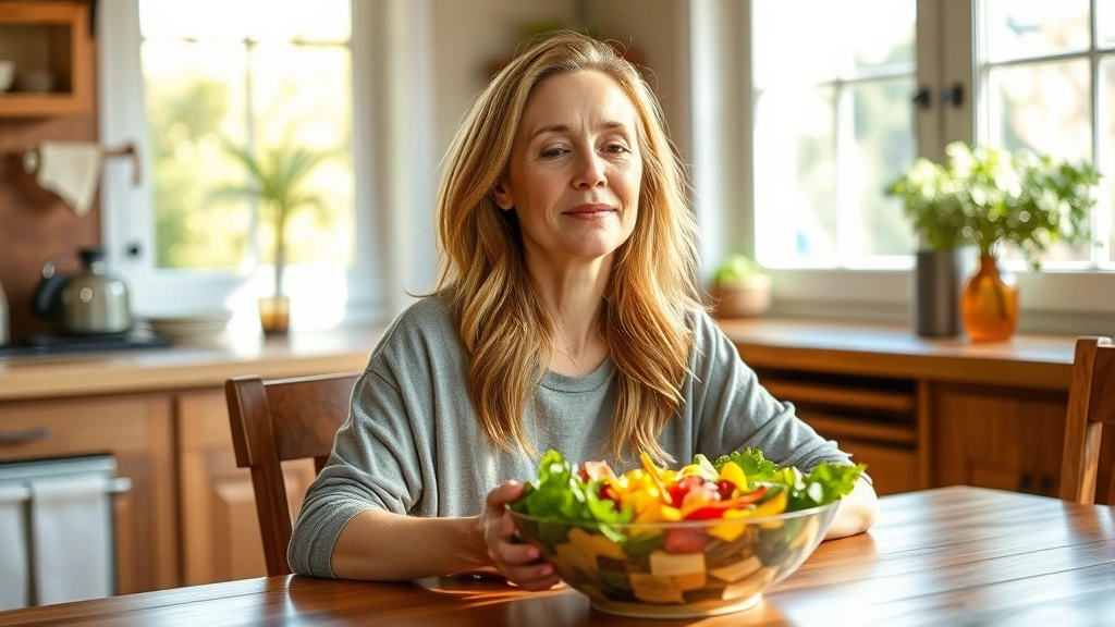 Woman sitting peacefully at wooden table with colorful bowl of fresh salad, sunlight streaming through window, serene facial expression, natural kitchen setting, mindful eating moment