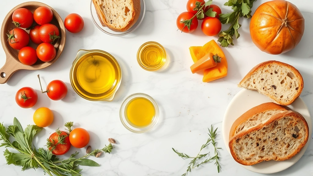 Overhead flat lay of Mediterranean lunch spread with olive oil, fresh vegetables, bread, and herbs on marble surface, warm natural lighting, minimal styling, food photography